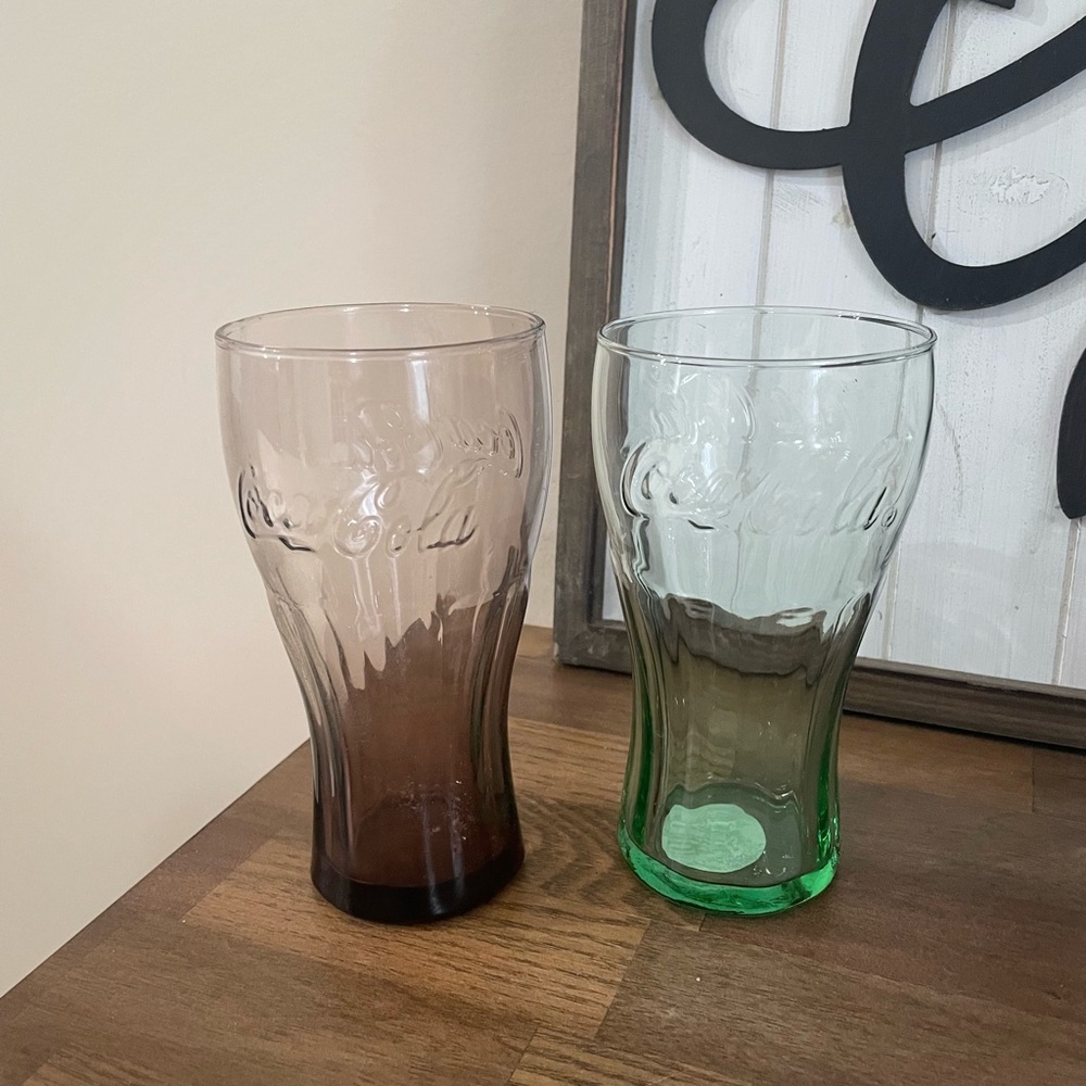 Green and Purple Coca Cola Etched Glasses- Set of 2